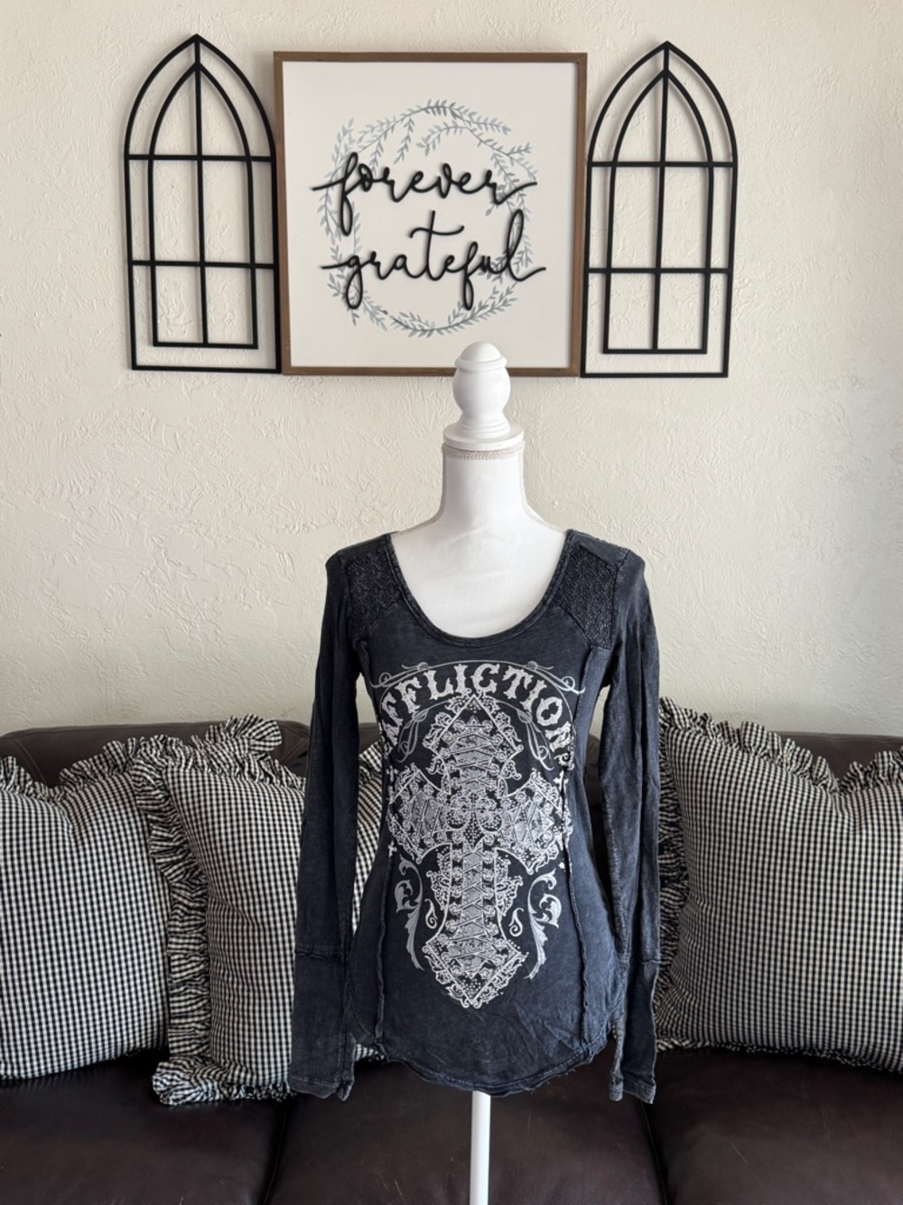 Y2K Vintage Affliction rhinestones long sleeve women's Top size S Grunge Retro
